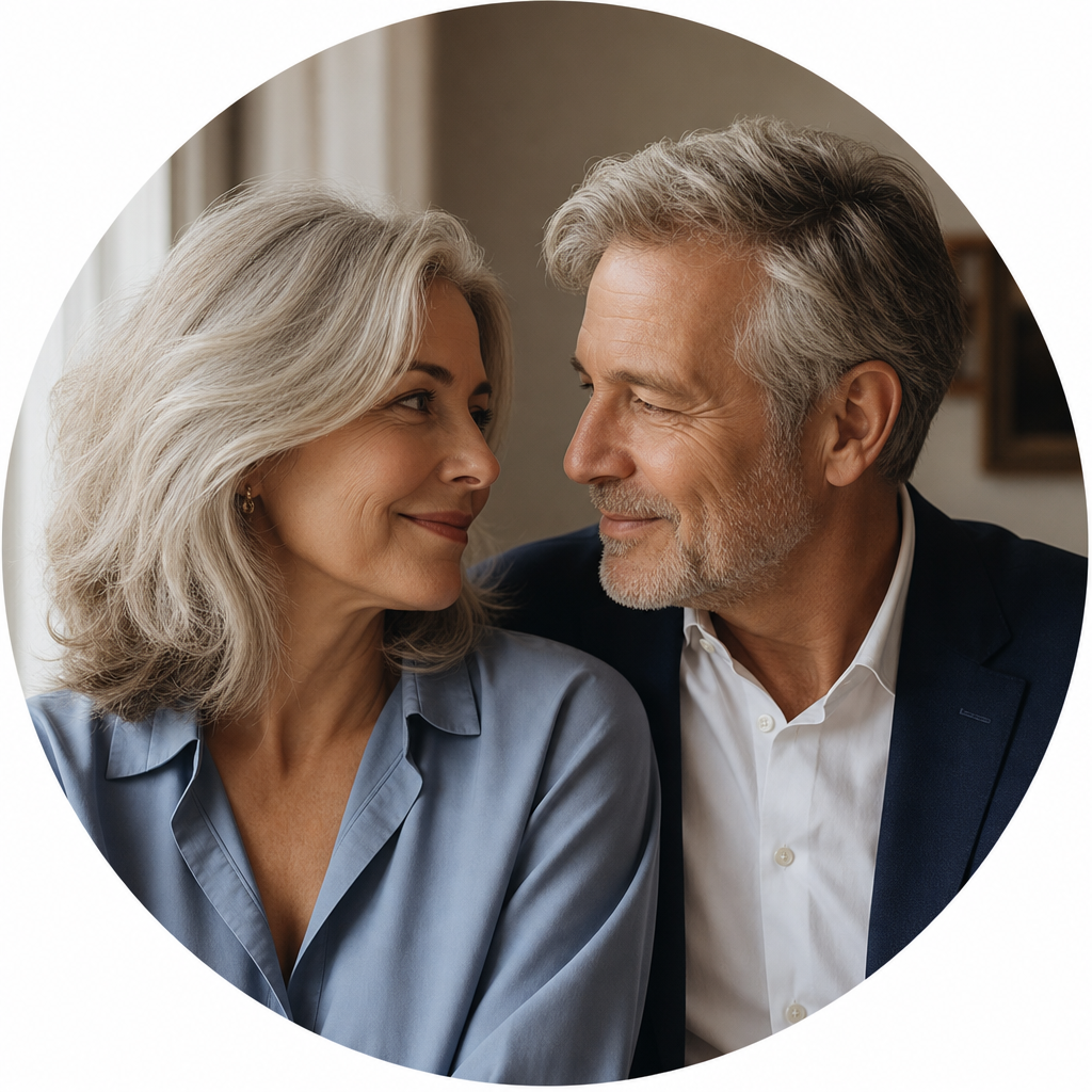 Warm portrait of Halyna and Viktor, an elegant mature couple smiling together