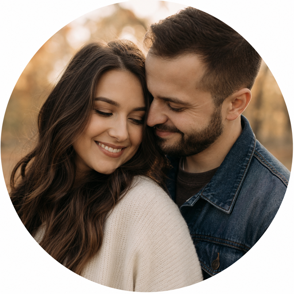 Portrait of Marta and Oleh, an engaged couple smiling closely in autumn light