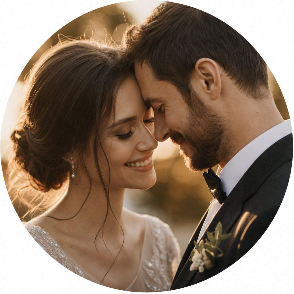 Portrait of Sofia and Andriy, a bride and groom with foreheads touching in golden light