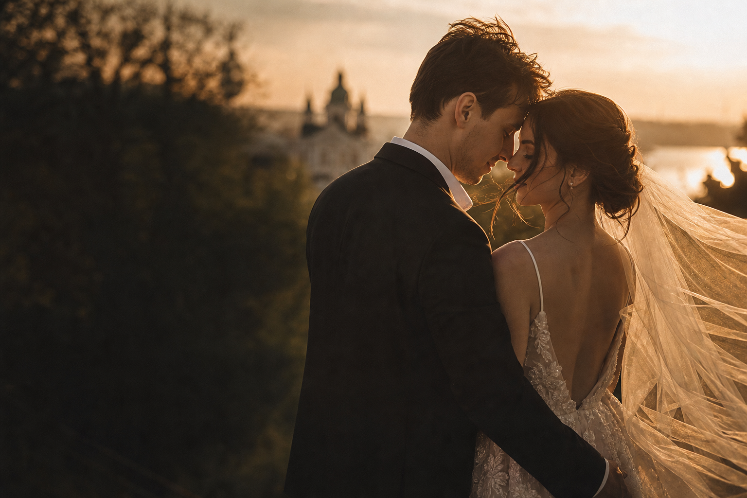 Bride and groom sharing an intimate embrace at golden hour, cinematic wedding portrait in Kyiv