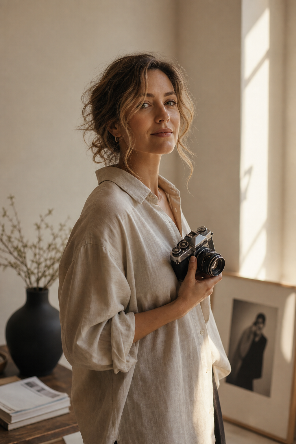 Portrait of Iryna Kovalenko, Kyiv-based photographer, holding a camera in soft natural window light