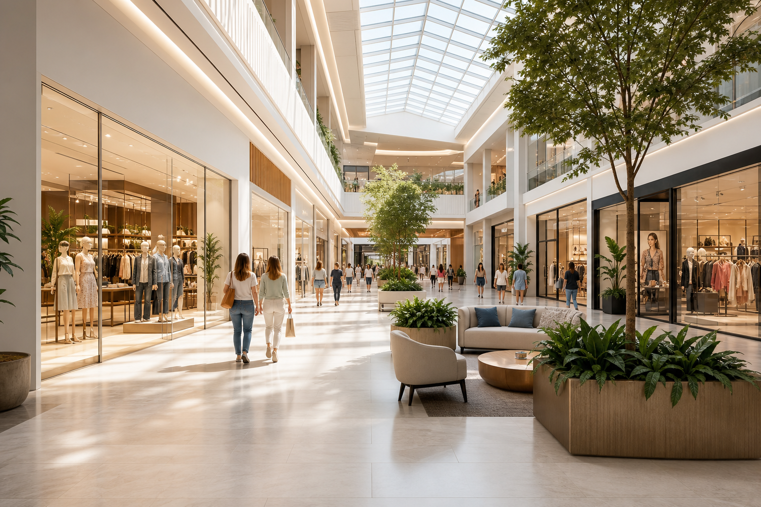 Bright modern mall interior passageway with stylish storefronts, natural daylight, and welcoming seating