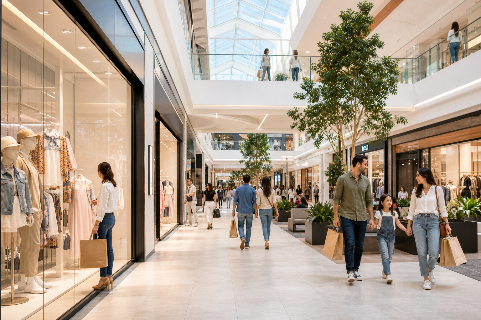 Bright modern indoor shopping mall with people browsing fashion storefronts
