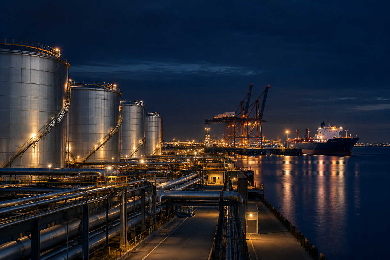 Cinematic night view of an oil and logistics terminal with illuminated storage tanks, cranes, and shipping infrastructure