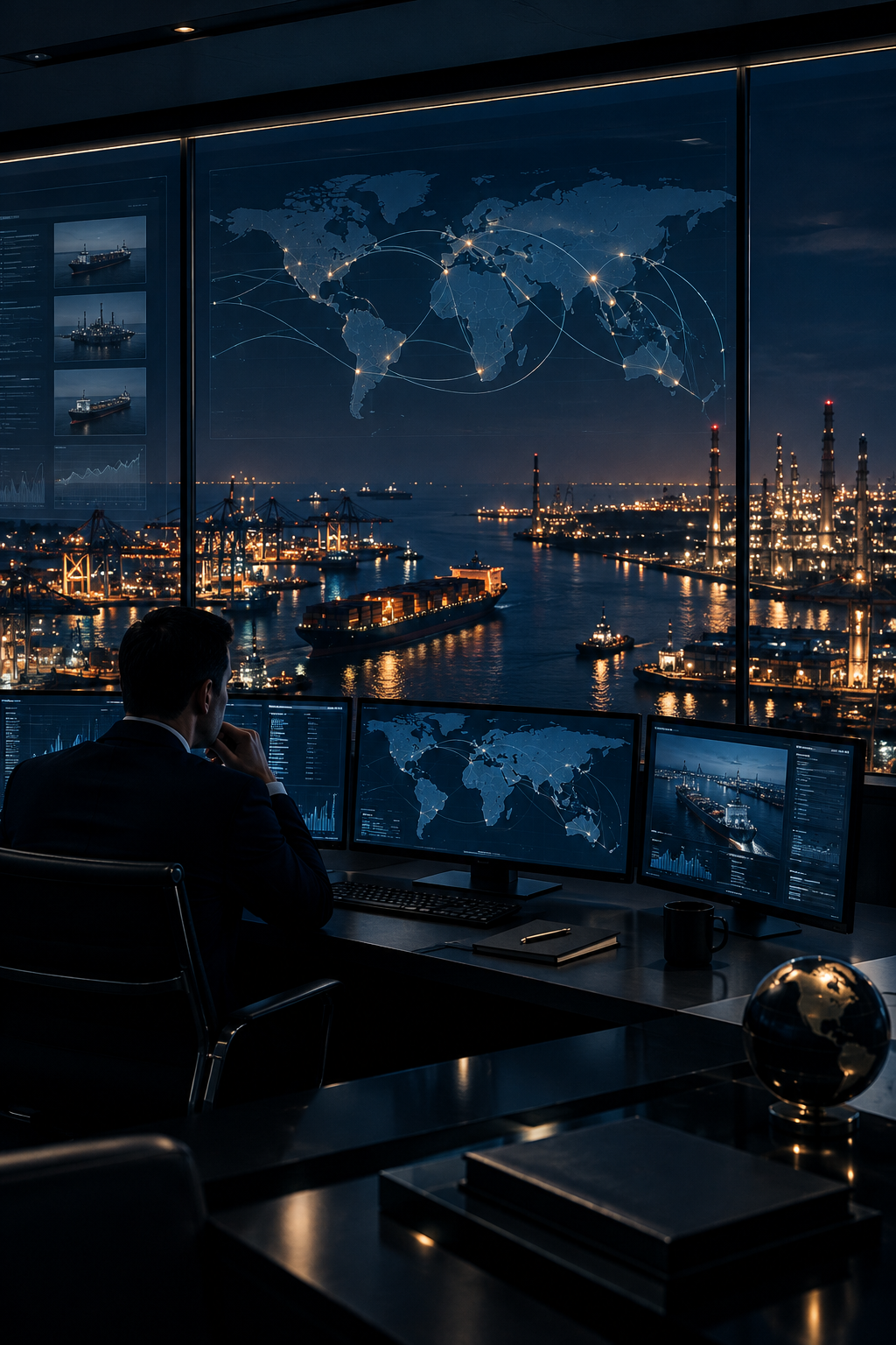 Dark-toned executive logistics control room with global shipping routes, industrial refinery lights, and trade coordination screens
