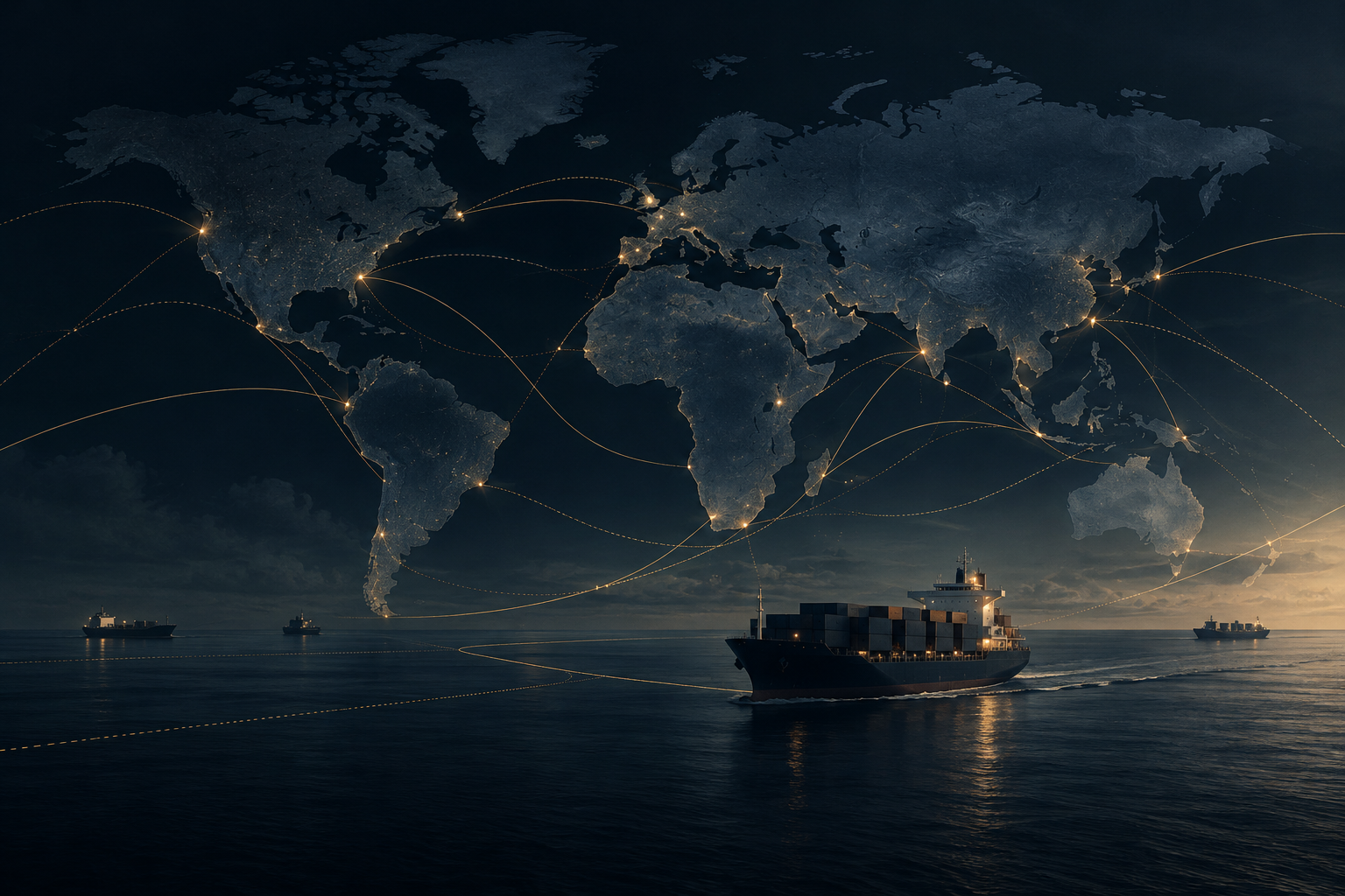 Dark-toned abstract global shipping and trade visual with route lines over an oceanic map texture