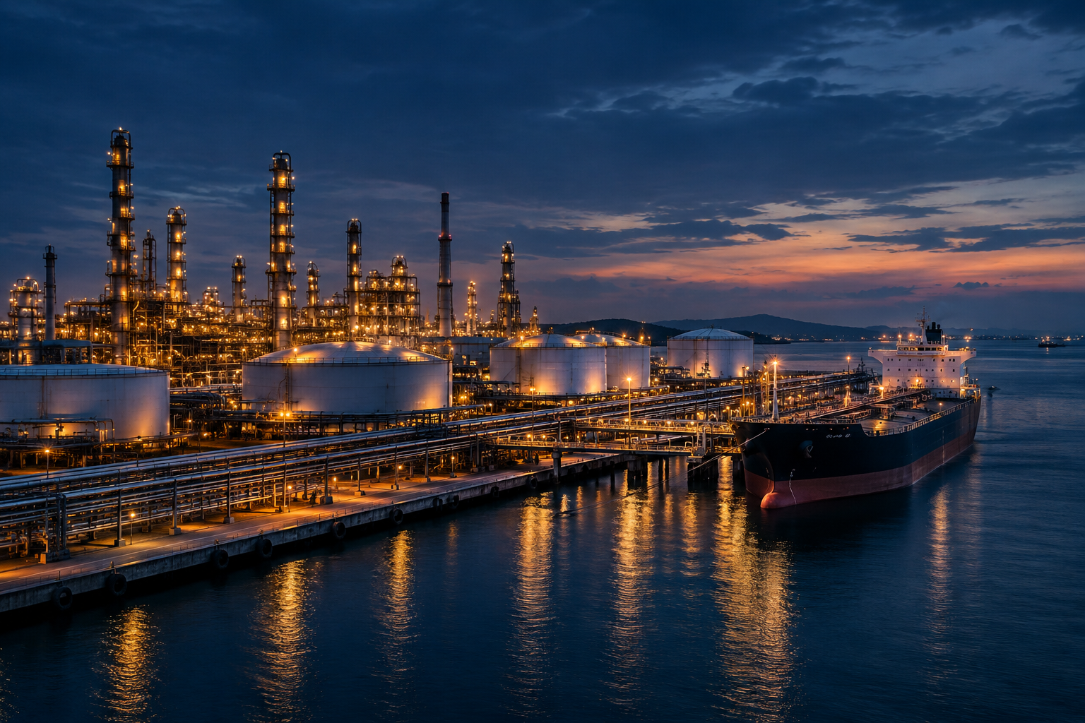 Cinematic view of an oil refinery and marine terminal with storage tanks, pipelines, and a tanker vessel at dusk