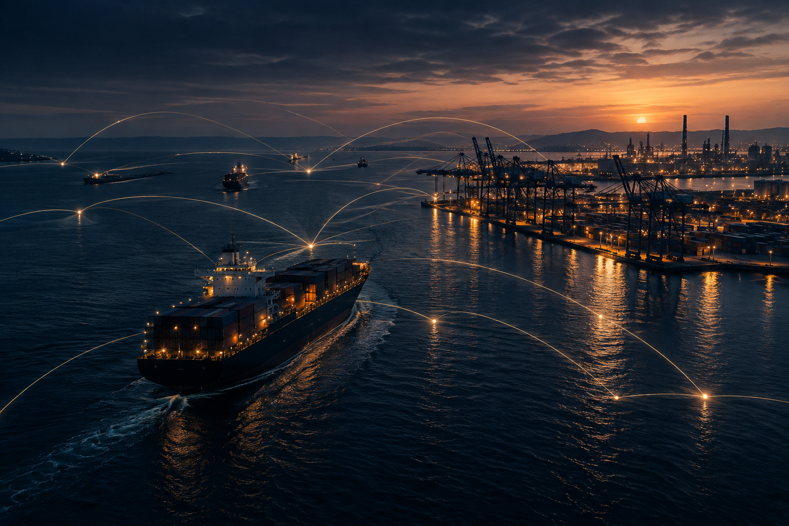 Abstract maritime trade composition with cargo vessel lanes, port lighting, and luminous route traces over dark water