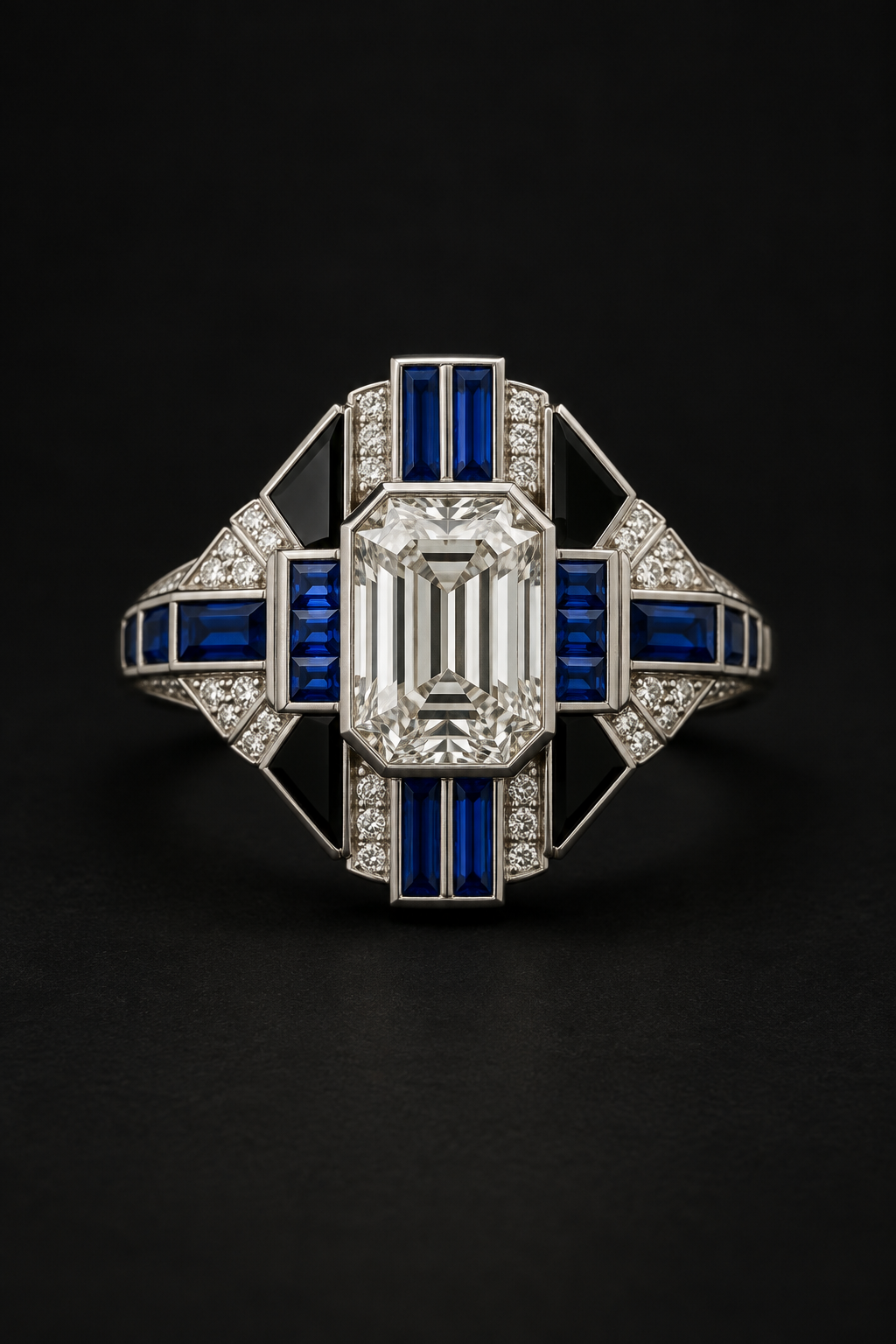 Art Deco ring with calibré sapphires, onyx accents, and geometric diamond panel