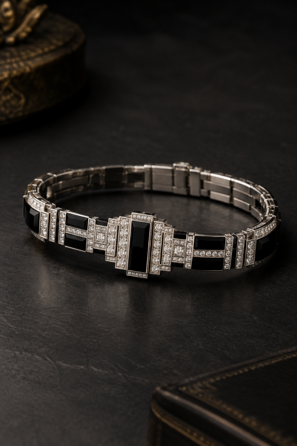Platinum and onyx Art Deco bracelet with sharp geometric lines and calibrated diamonds