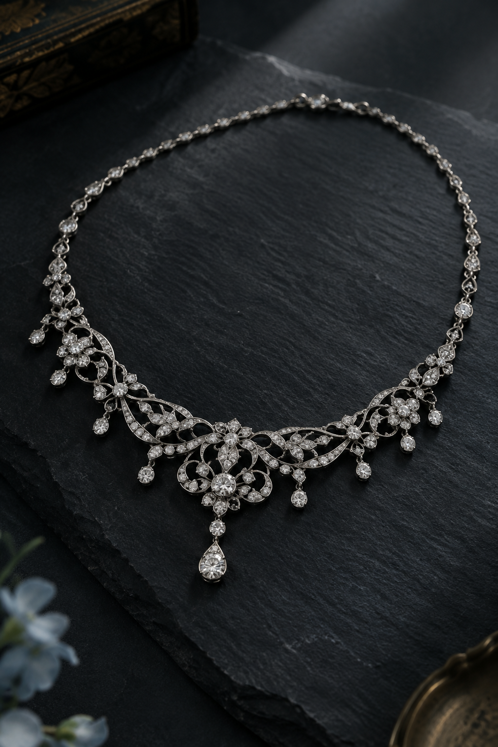 Edwardian platinum necklace with lace-like filigree and European-cut diamonds