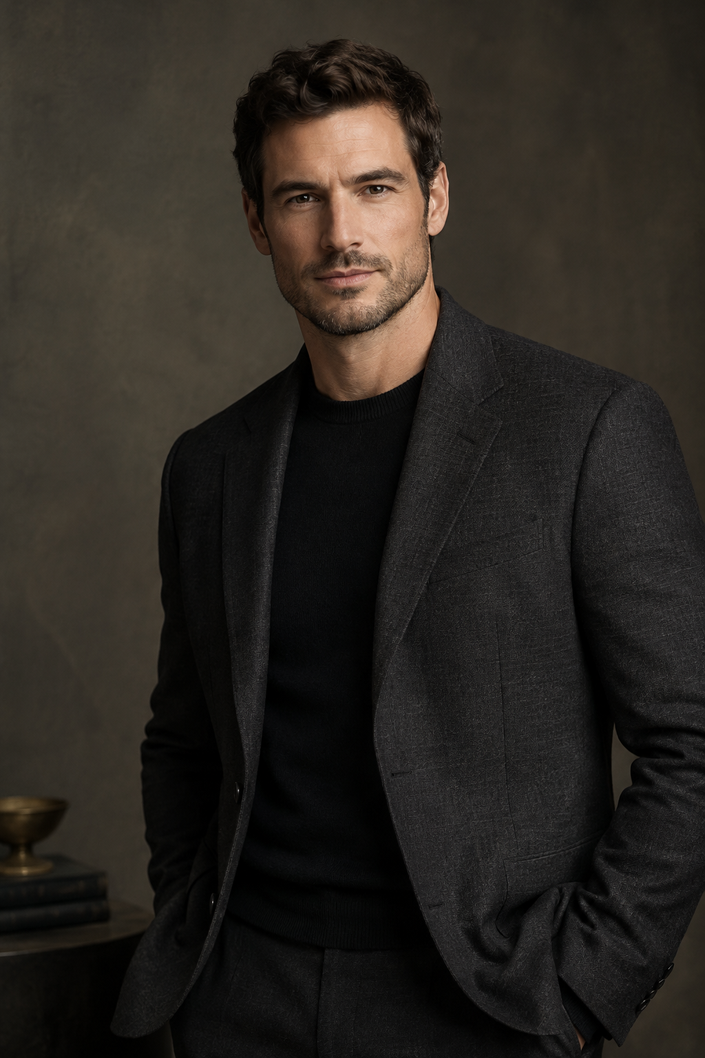 Portrait of Mateo Voss, gemstone specialist, with a deep charcoal jacket and neutral gallery backdrop