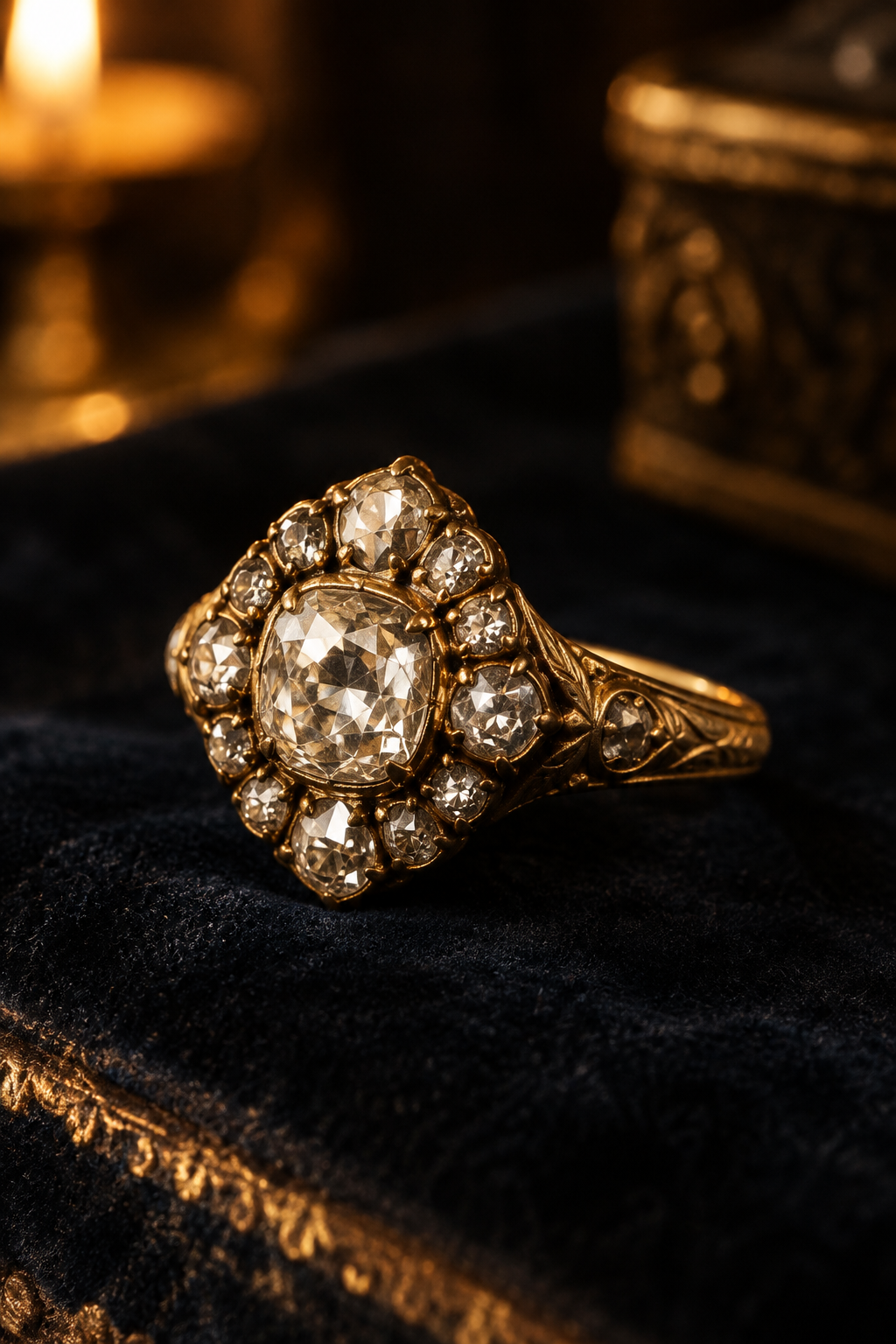 Close-up of an 18th-century style gold ring with old-cut diamonds in candlelit tones