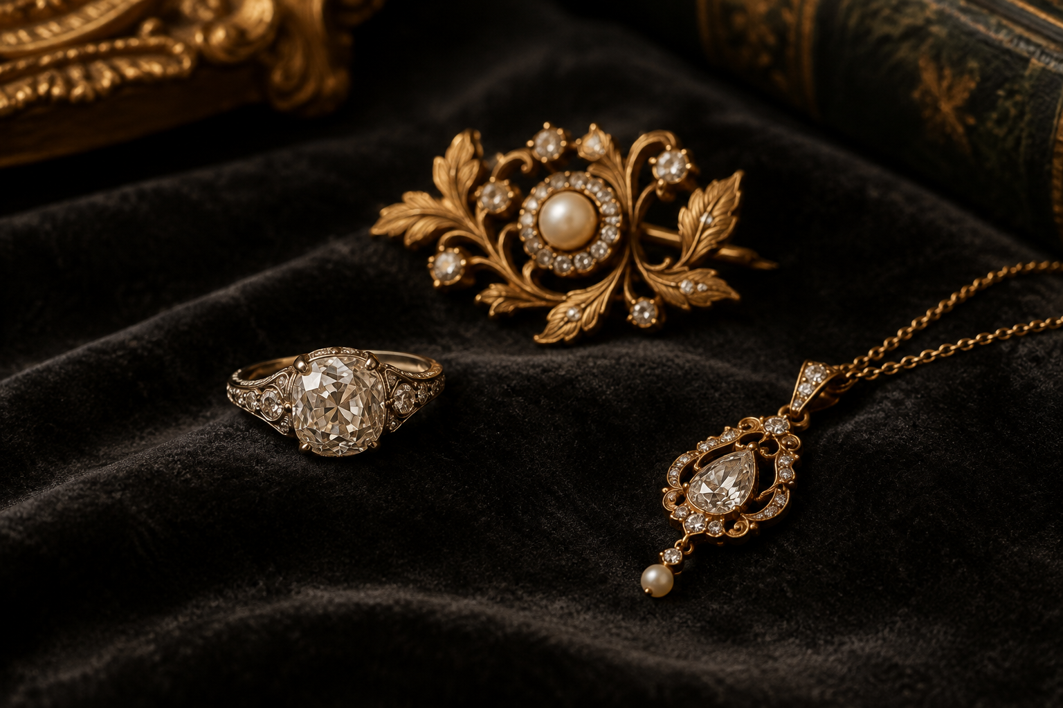 Close-up still-life of rare antique jewelry arranged on dark velvet with warm reflected highlights