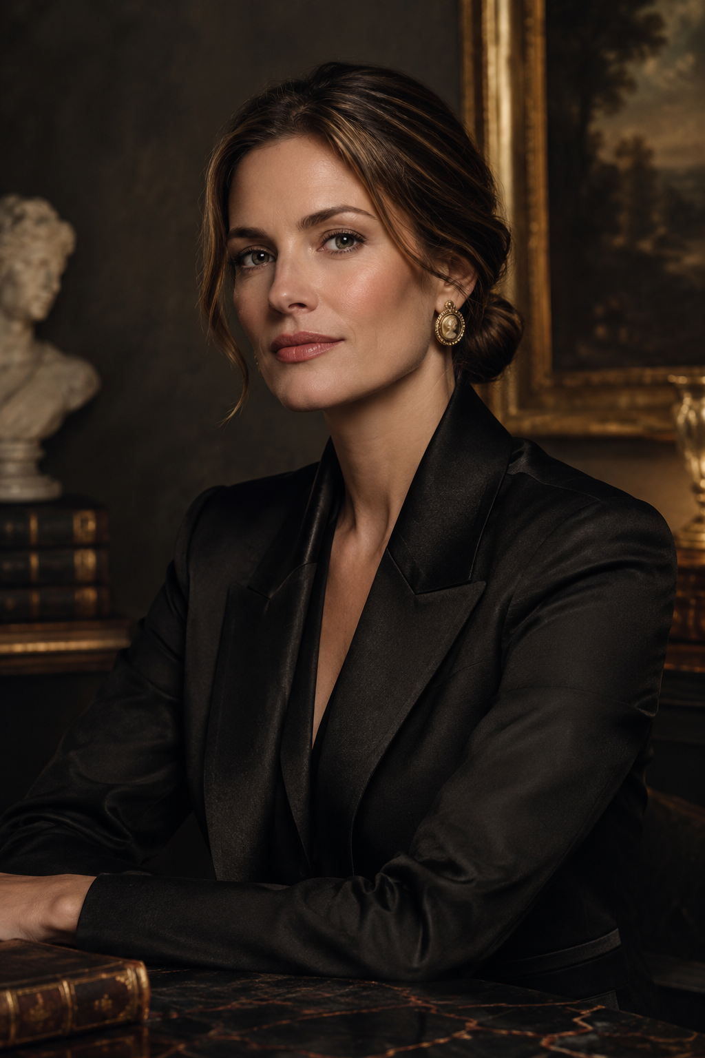Portrait of Amelia Laurent, lead curator, wearing a dark silk blazer with soft studio lighting