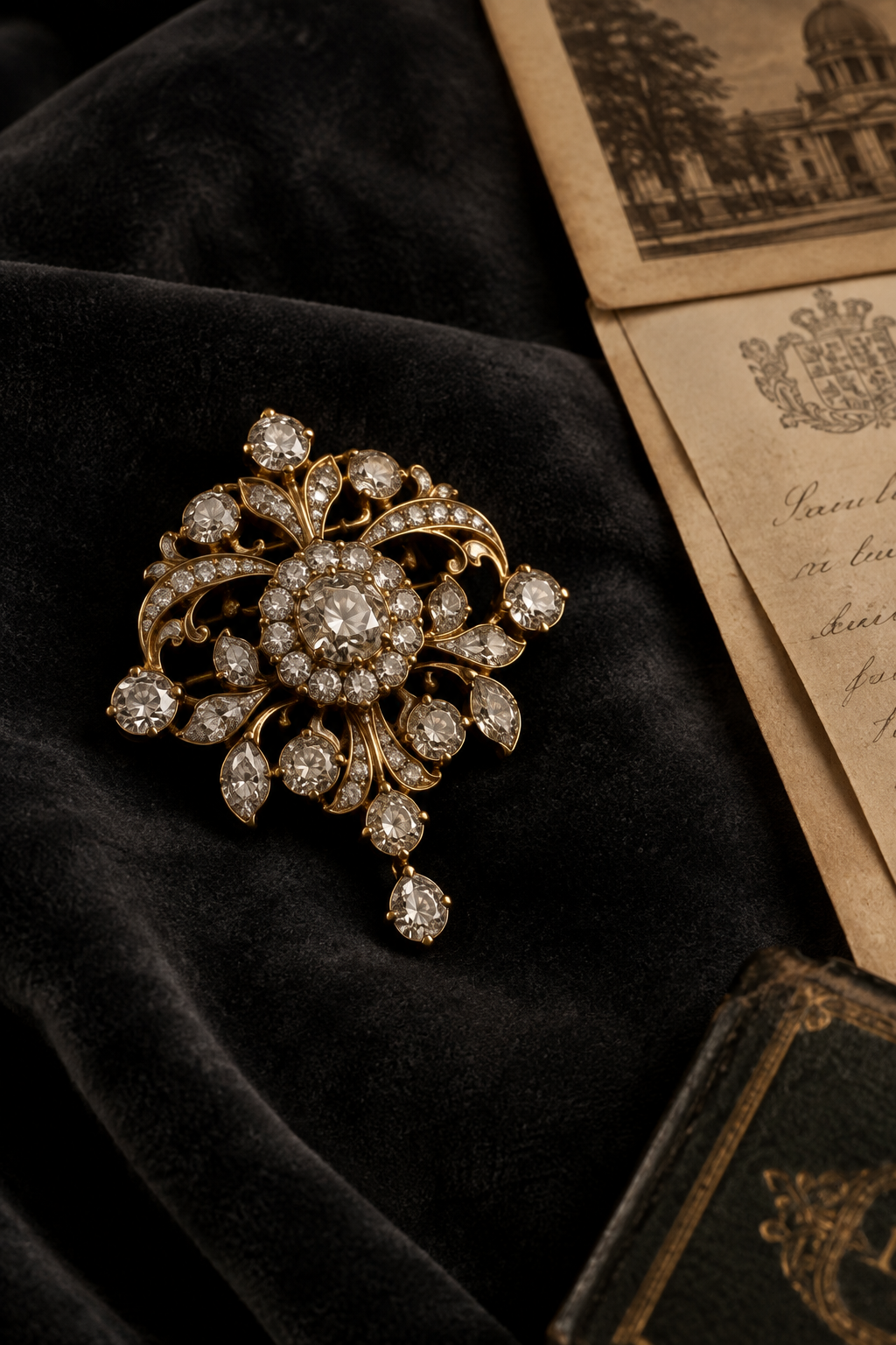 Close-up antique diamond brooch on dark velvet with archival provenance papers beside it