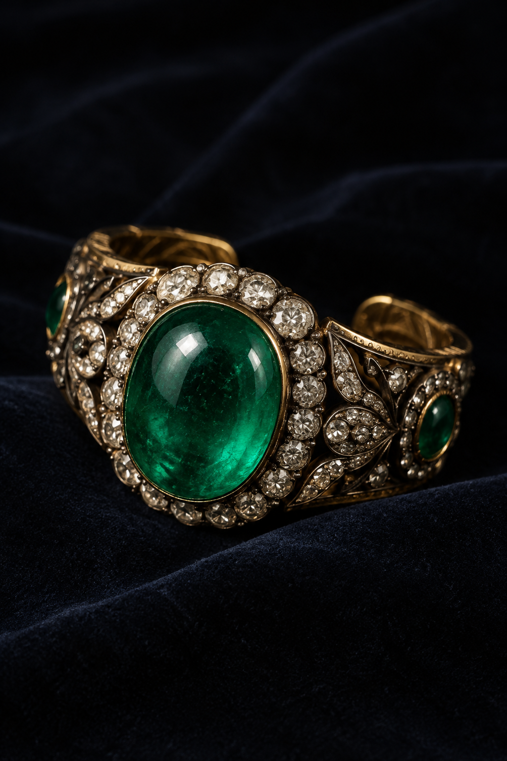Collector statement cuff with oversized cabochon emerald and antique diamond surround