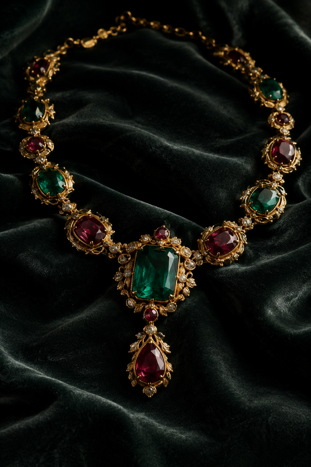 Bold antique necklace with faceted colored gemstones photographed as a collectible hero piece