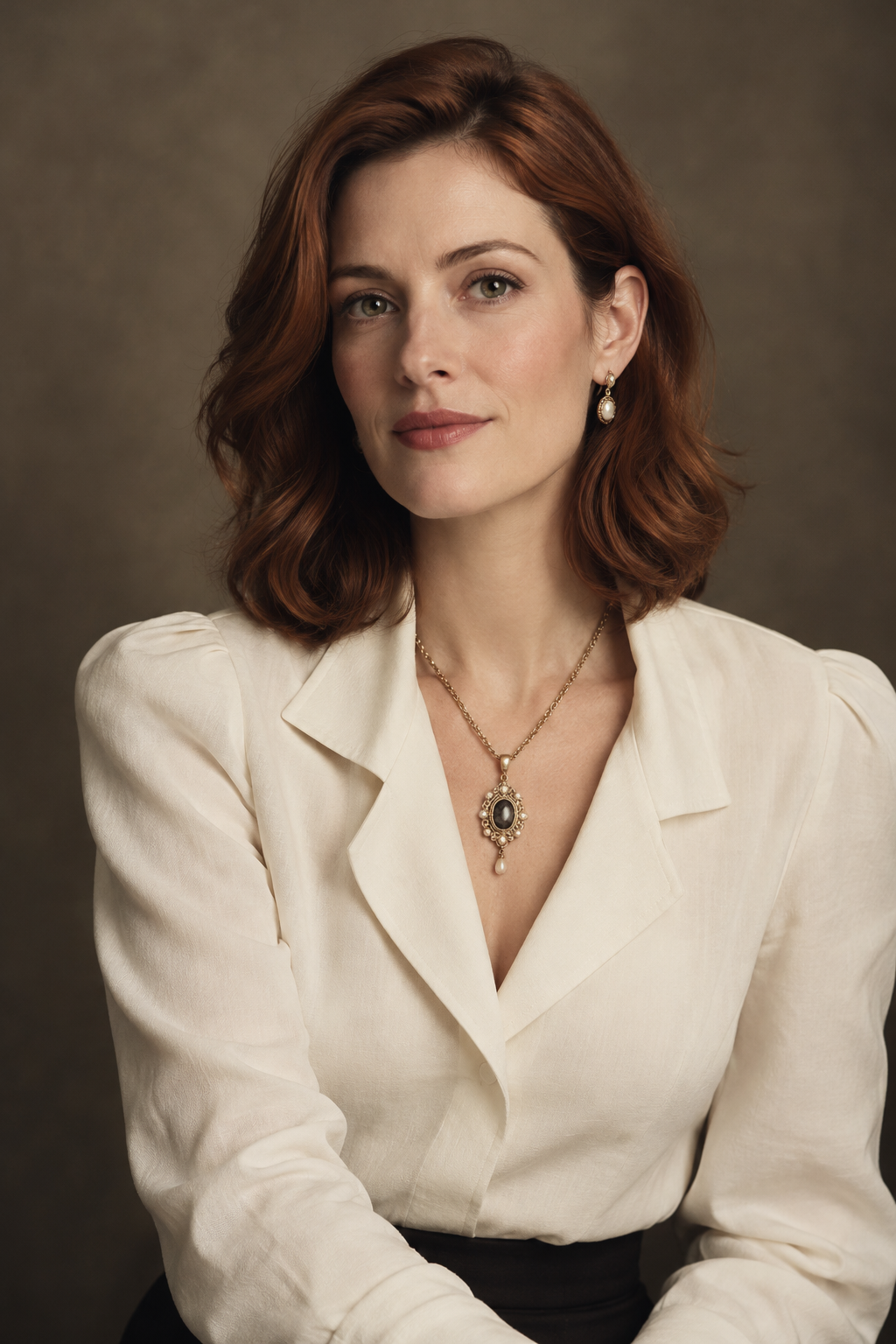 Portrait of Elodie Harrow, jewelry historian, in a structured ivory blouse against a muted studio wall