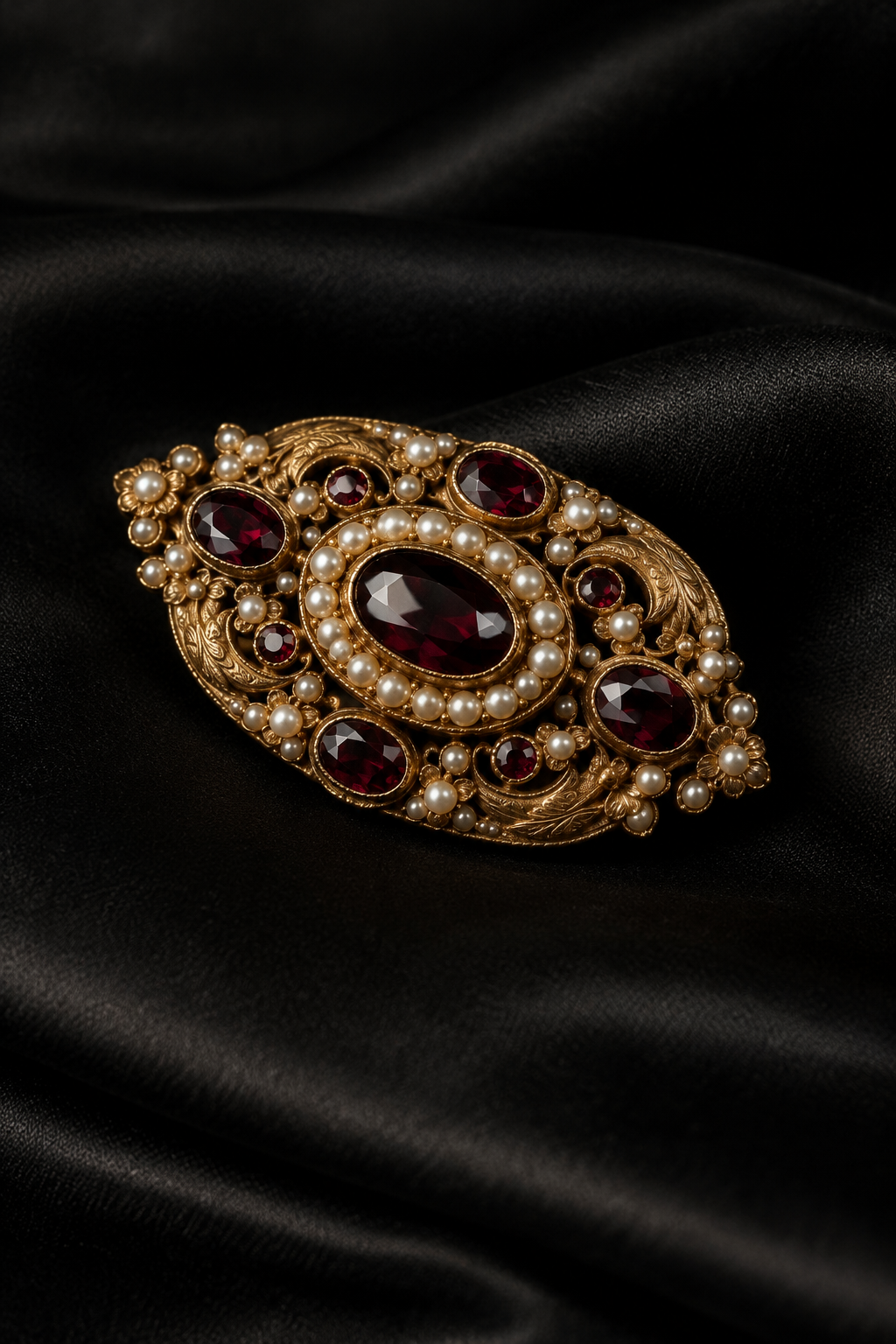 Victorian brooch with seed pearls and rose-cut garnets on dark velvet
