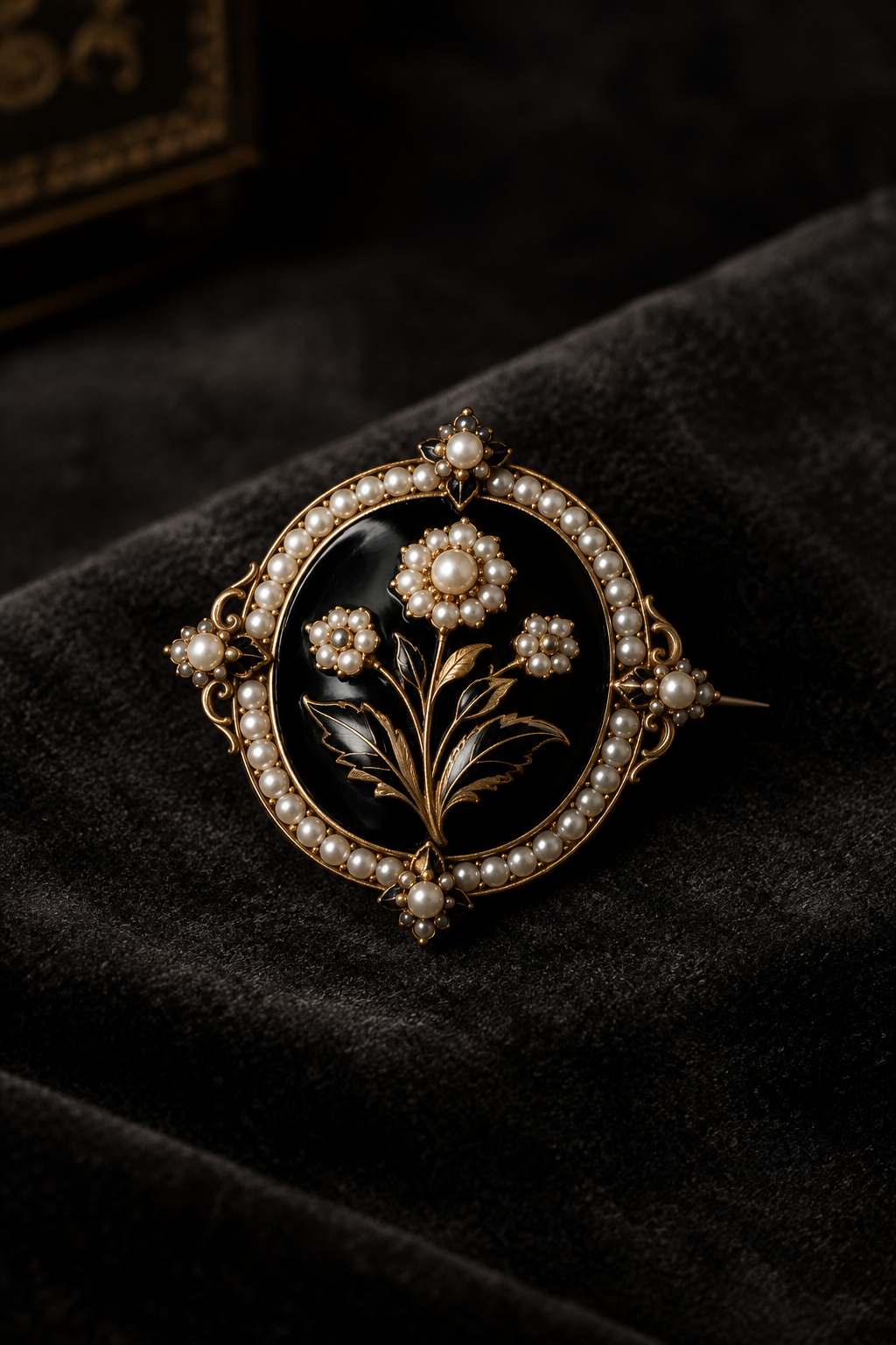 Antique brooch with seed pearls and black enamel motifs styled on deep velvet