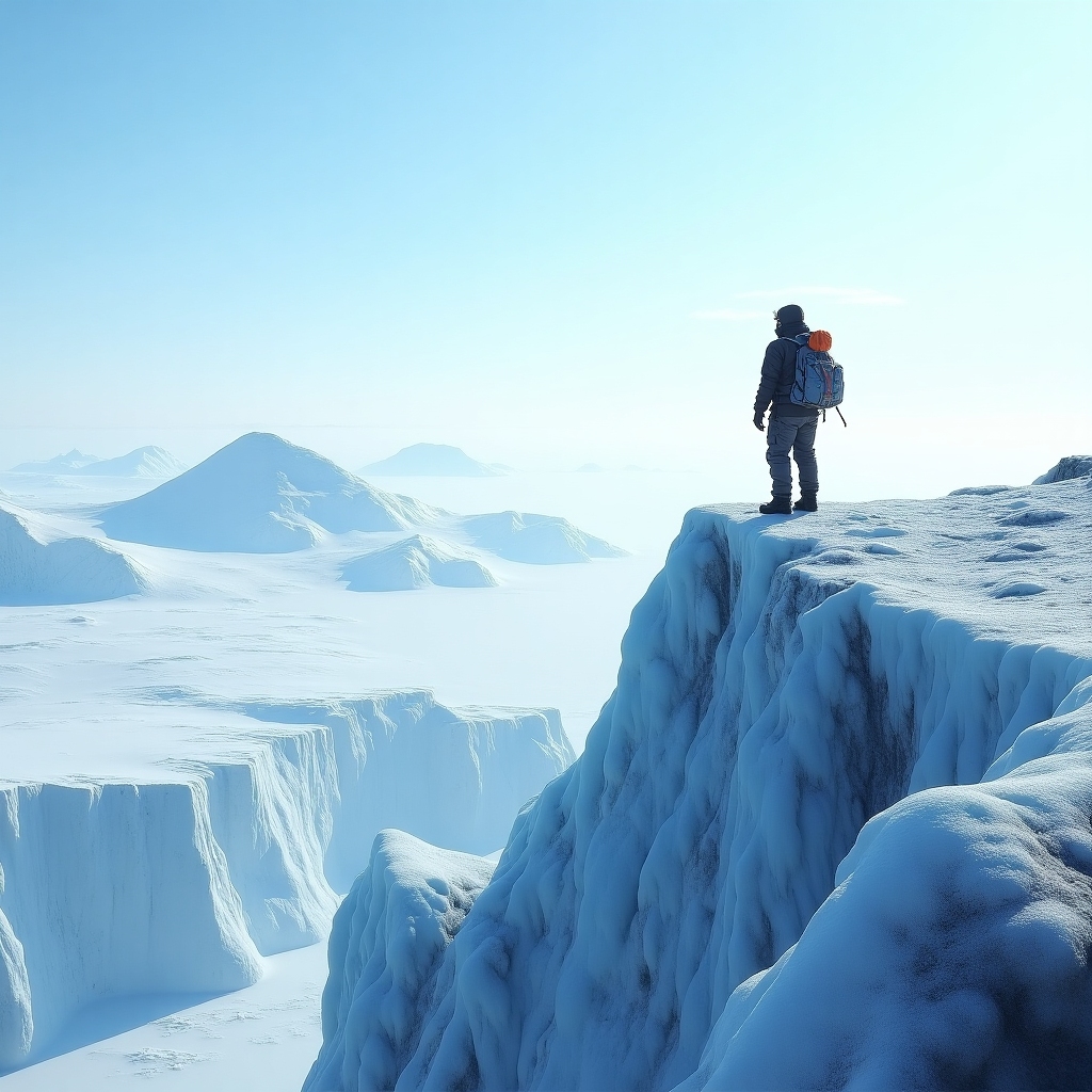 Highly realistic photo of an explorer in full arctic gear standing atop a dramatic, icy ridge overlooking a vast Greenlandic glacier under a crisp blue sky.