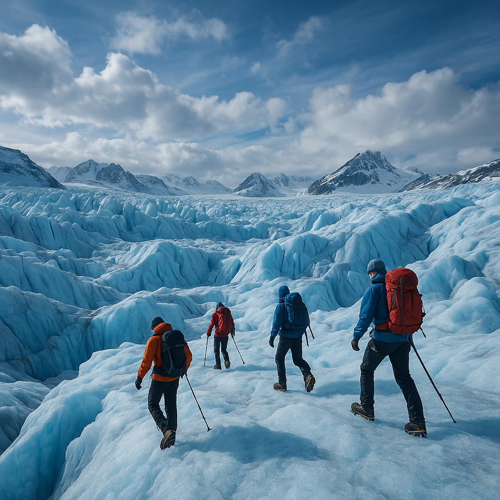 Adventurers hiking across a vast, blue-tinged Greenland glacier with jagged ice formations and distant snowy peaks under a dramatic arctic sky.