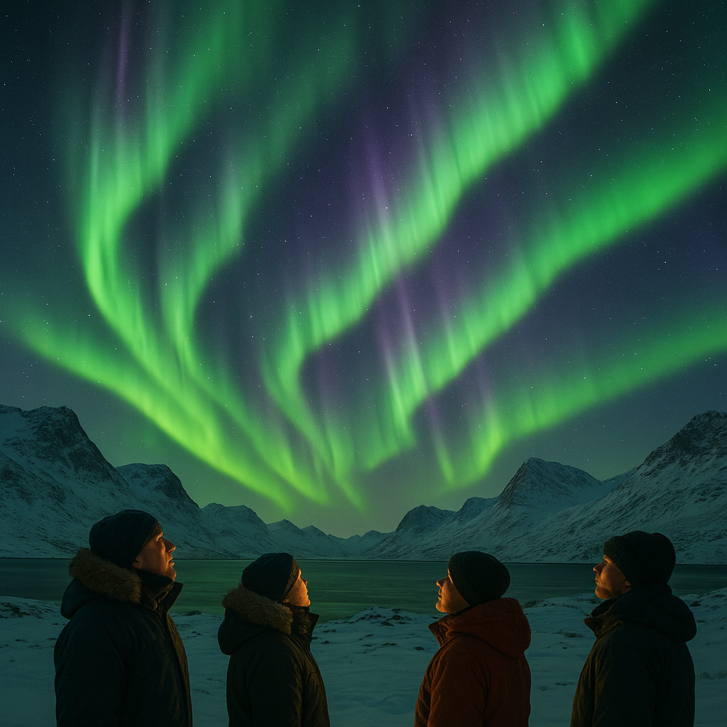 Brilliant green and purple northern lights shimmering over snowy Greenlandic mountains and a group of bundled-up travelers watching in awe.