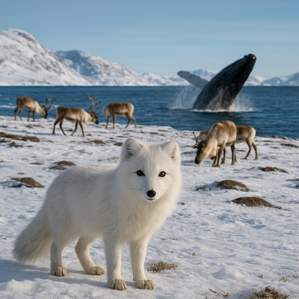 Realistic photo of an arctic fox standing on icy tundra, with distant reindeer and a whale breaching in icy Greenland waters under a crisp sky.