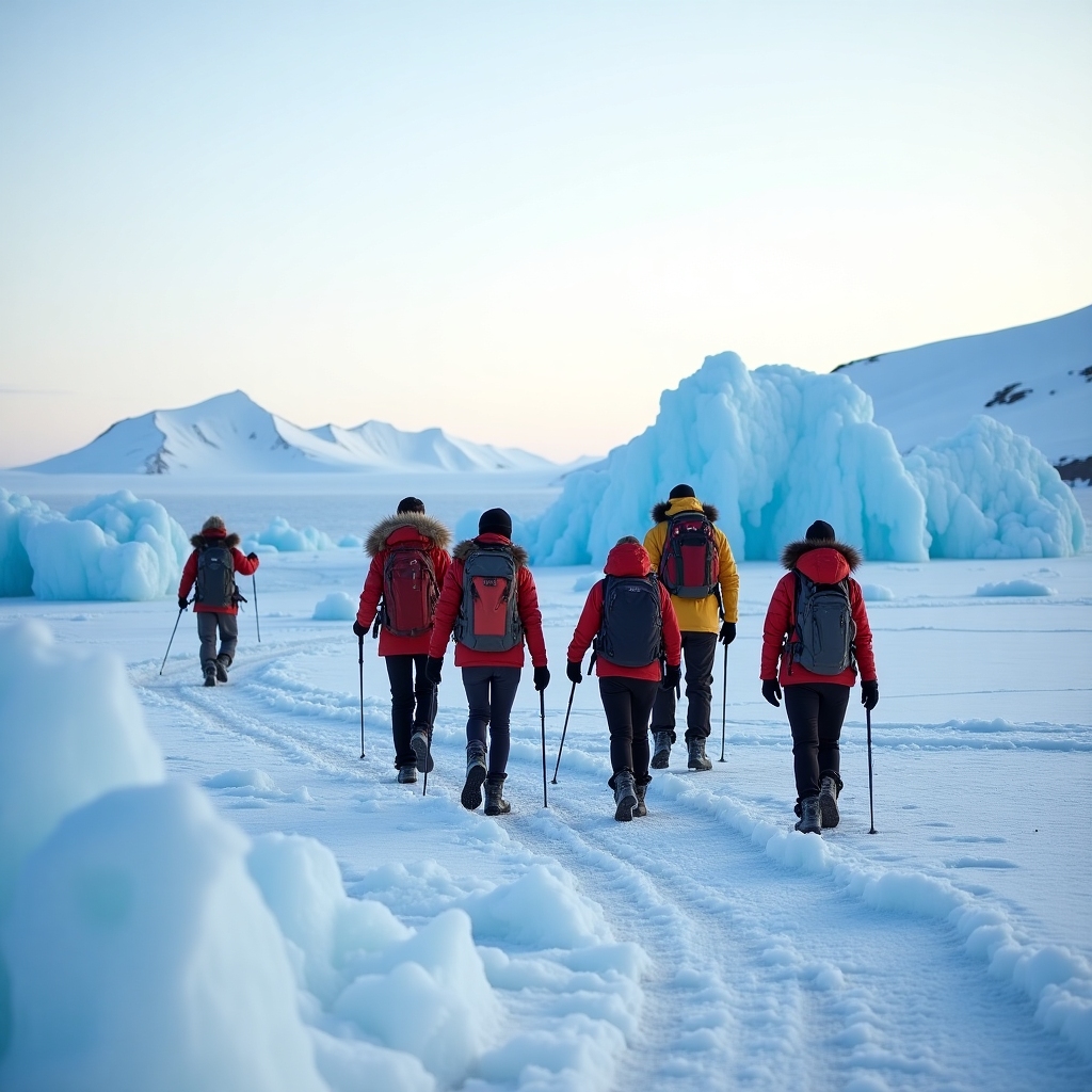Vivid, authentic image of a small group of adventurers led by an expert guide trekking across frozen tundra with jagged ice formations and distant mountains, under soft daylight.