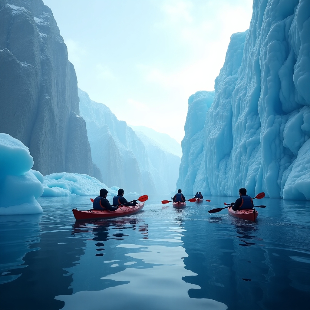 Highly realistic scene of kayakers paddling close to towering blue glacier walls in a pristine Greenland fjord, water reflecting the icy landscape.