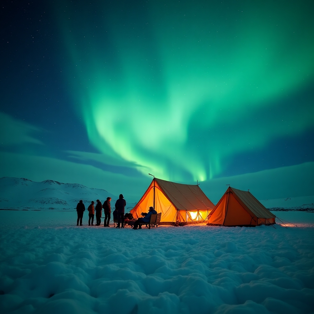 Authentic photo of a cozy expedition camp set up on snowy ground beneath vibrant northern lights in the Greenland wilderness, with adventurers gathered outside tents.