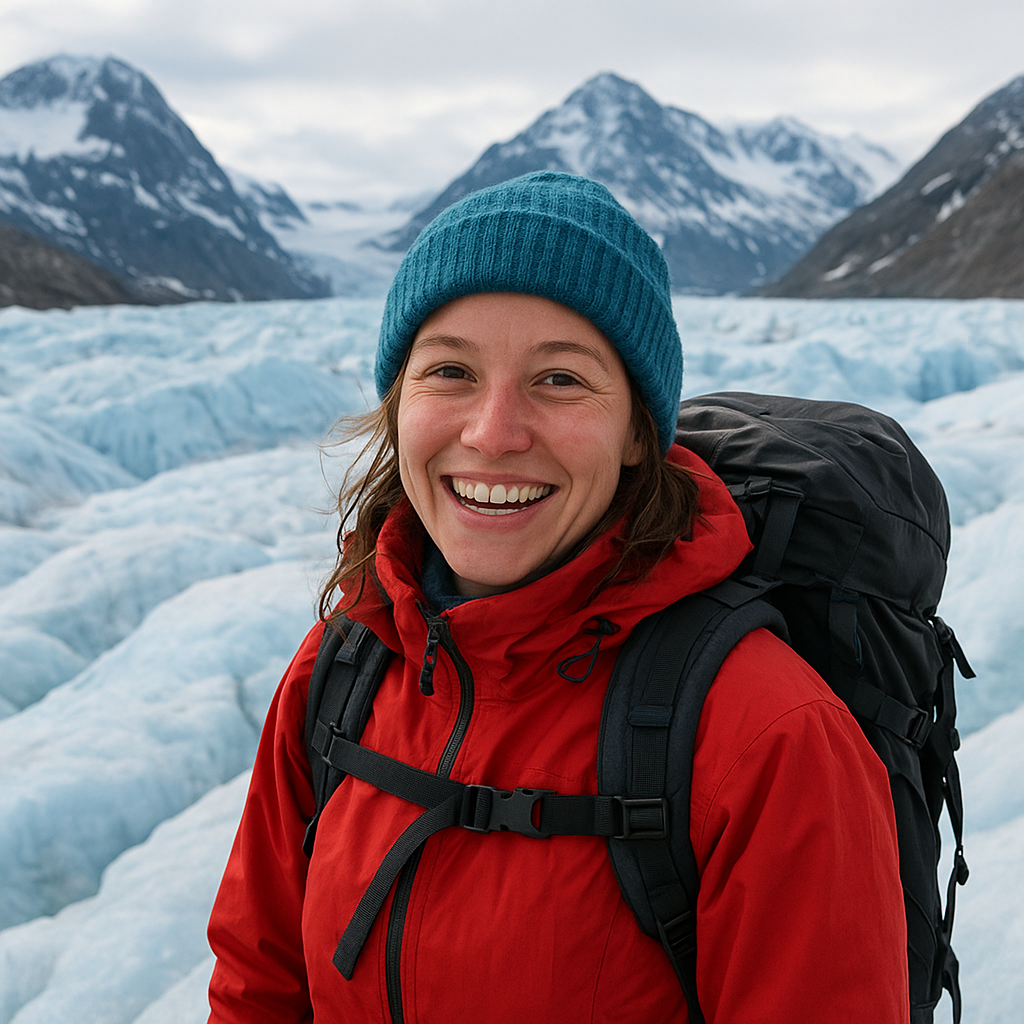 Anna exploring a glacier in Greenland, smiling in cold-weather gear with icy mountains behind her and a real sense of adventure