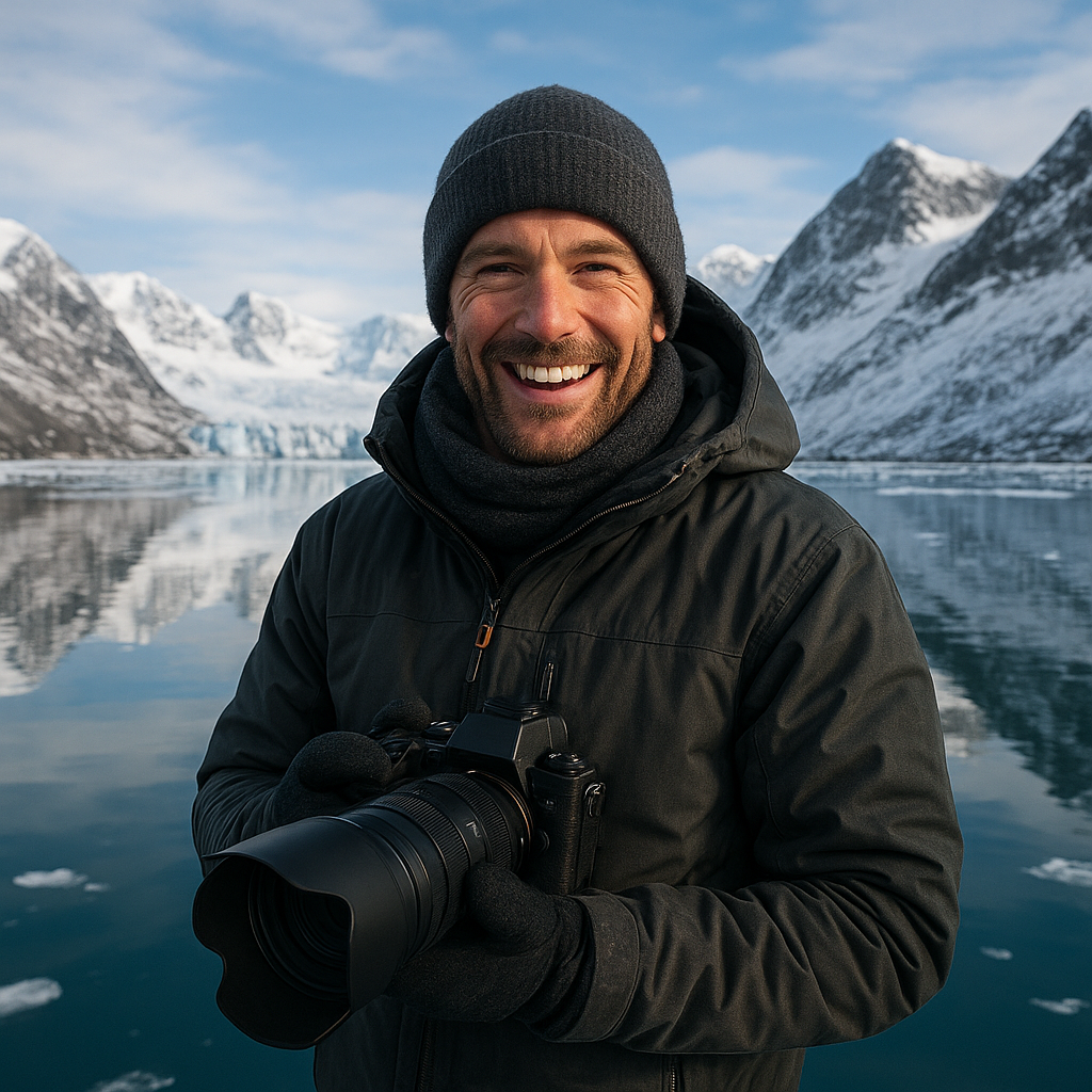 Liam standing on an icy fjord in Greenland, bundled up, with snow-capped mountains and glacier reflections in the background, smiling with camera