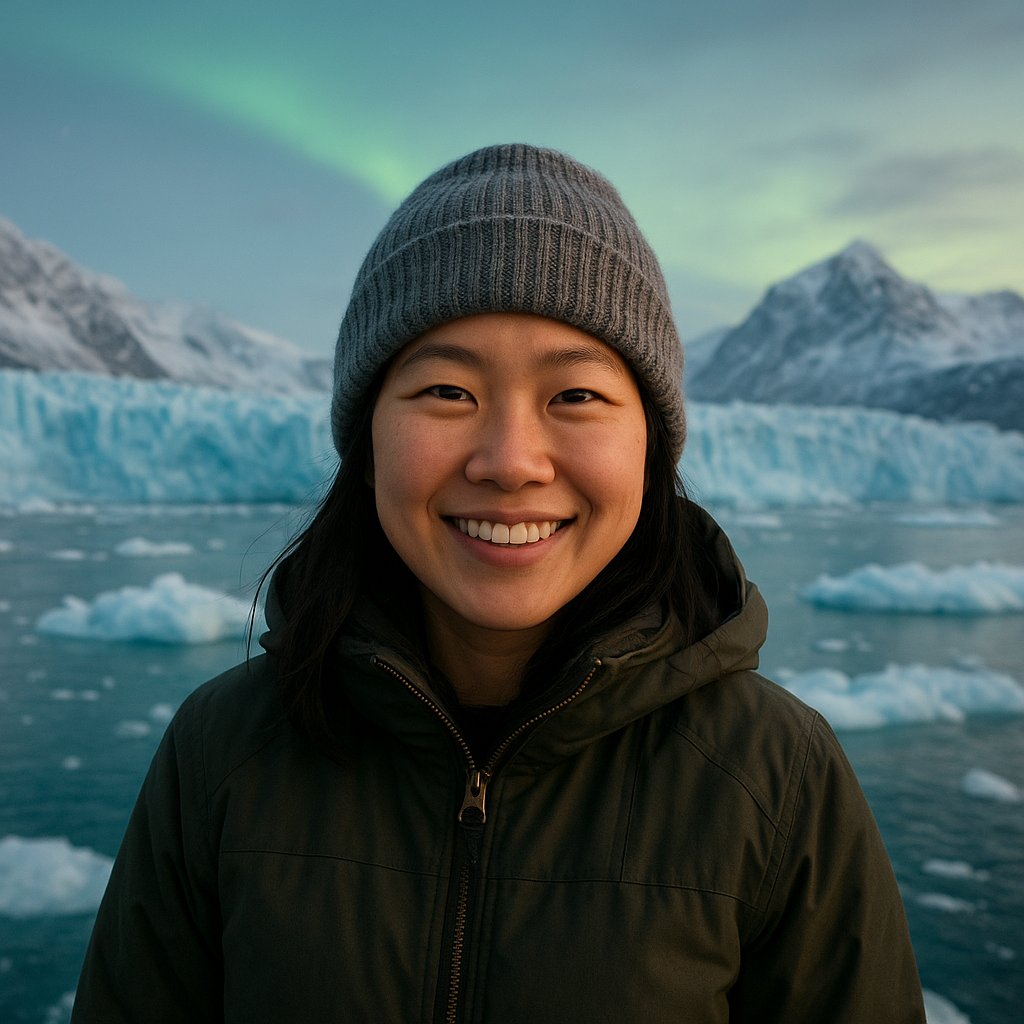 Yuki smiling warmly in front of a dramatic Greenland ice landscape, wearing a beanie and winter jacket, hint of aurora or snowy mountains behind