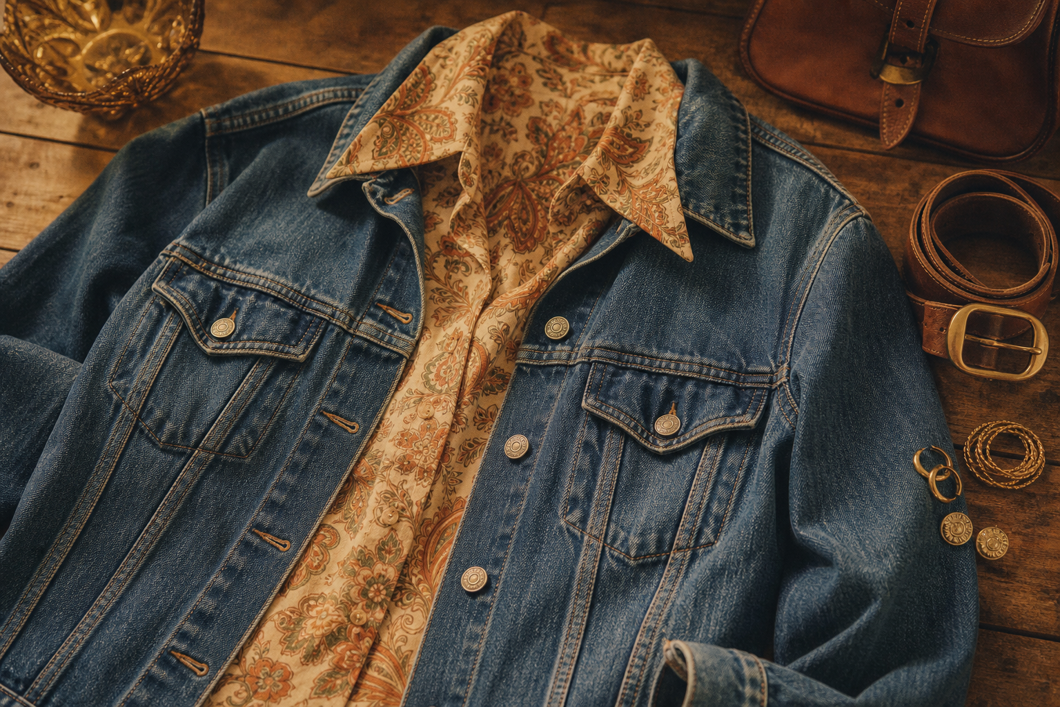 Warm film-style editorial photo of a vintage denim jacket layered over a patterned blouse, laid on a wooden table with retro accessories