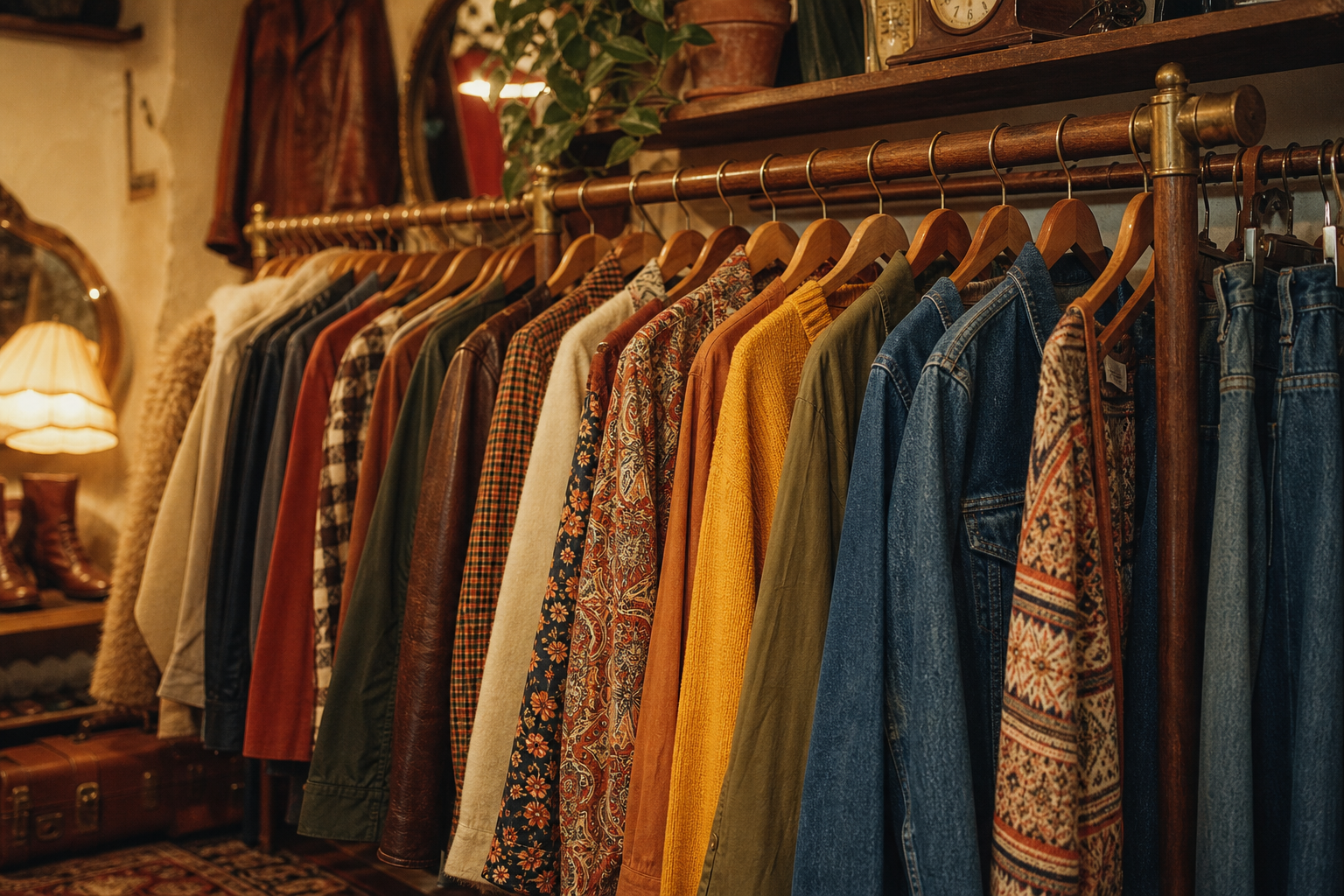 Warm film-style photo of a curated vintage clothing rack with earthy 70s and 80s garments
