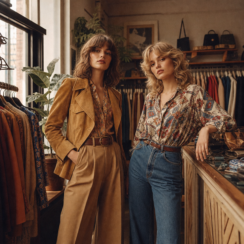 Warm film-style editorial of two vintage fashion models wearing 70s and 80s outfits