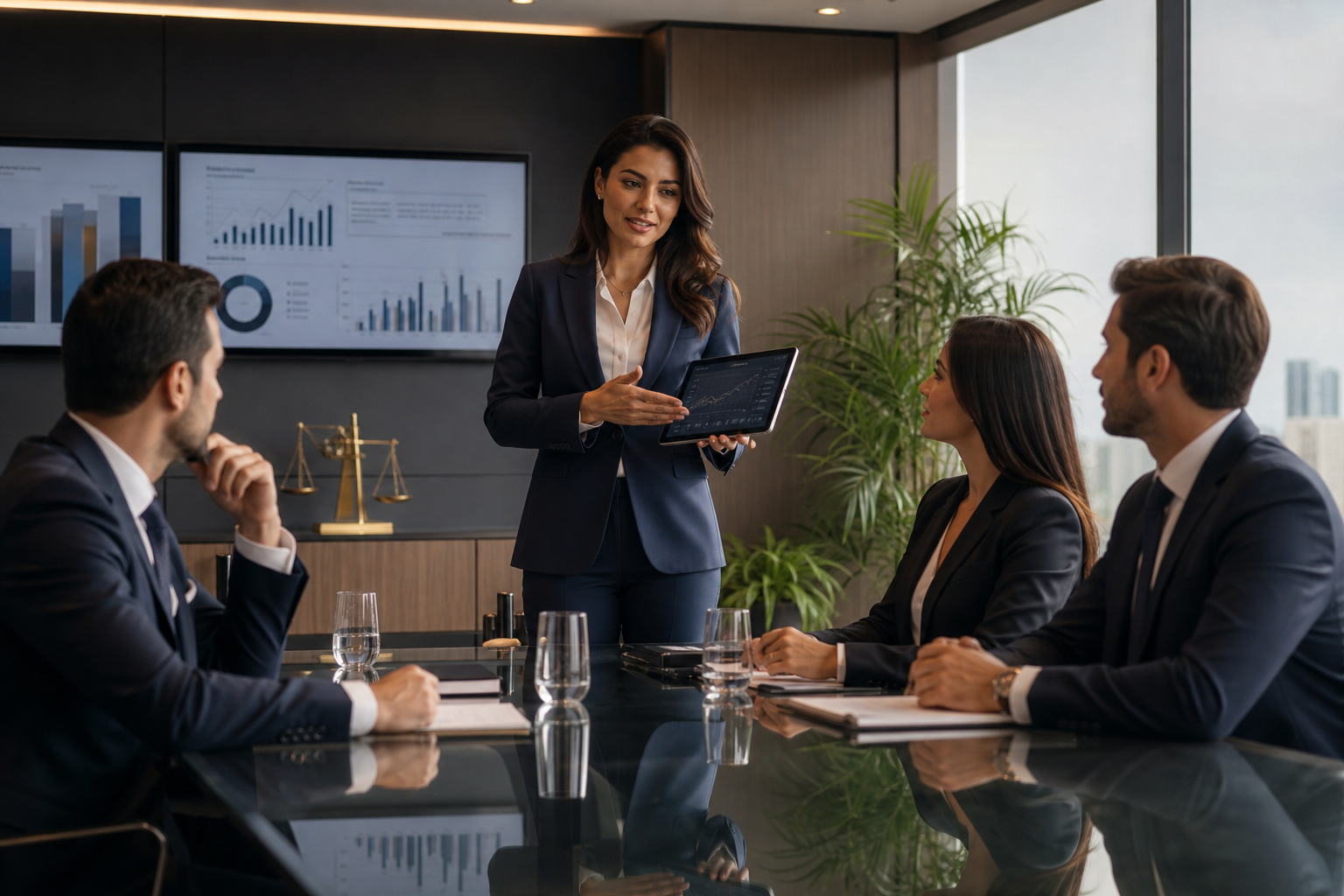 Executivos em sala de reunião corporativa com advogada brasileira apresentando estratégia jurídica em ambiente moderno