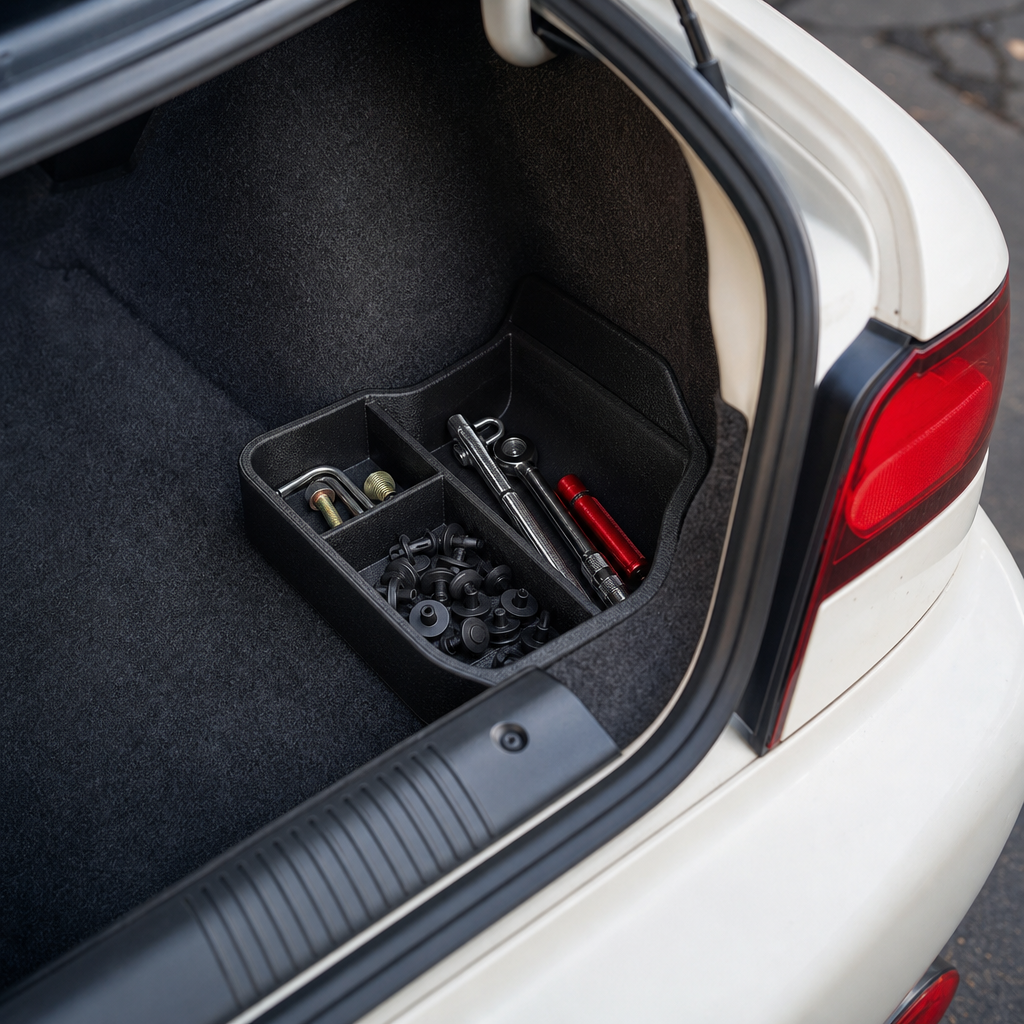 Integra trunk corner with a 3D printed organizer insert holding small tools and hardware securely.