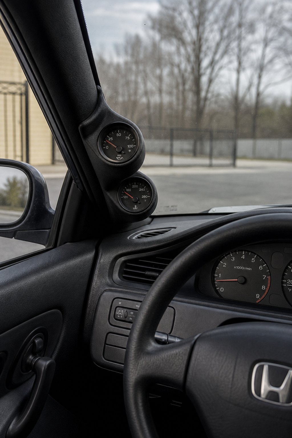 Driver-side view of a Honda EG interior with a compact 3D printed gauge pod mounted cleanly on the A-pillar.