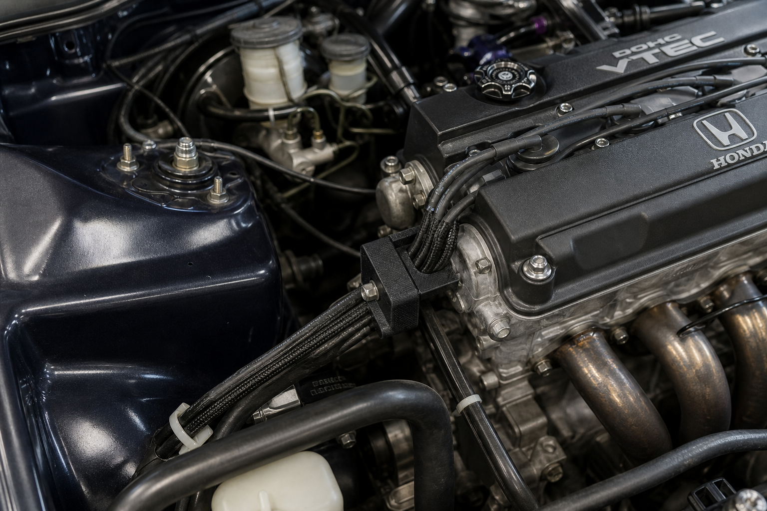Clean Civic EG engine bay with neatly installed 3D printed wire-routing bracket near the valve cover.