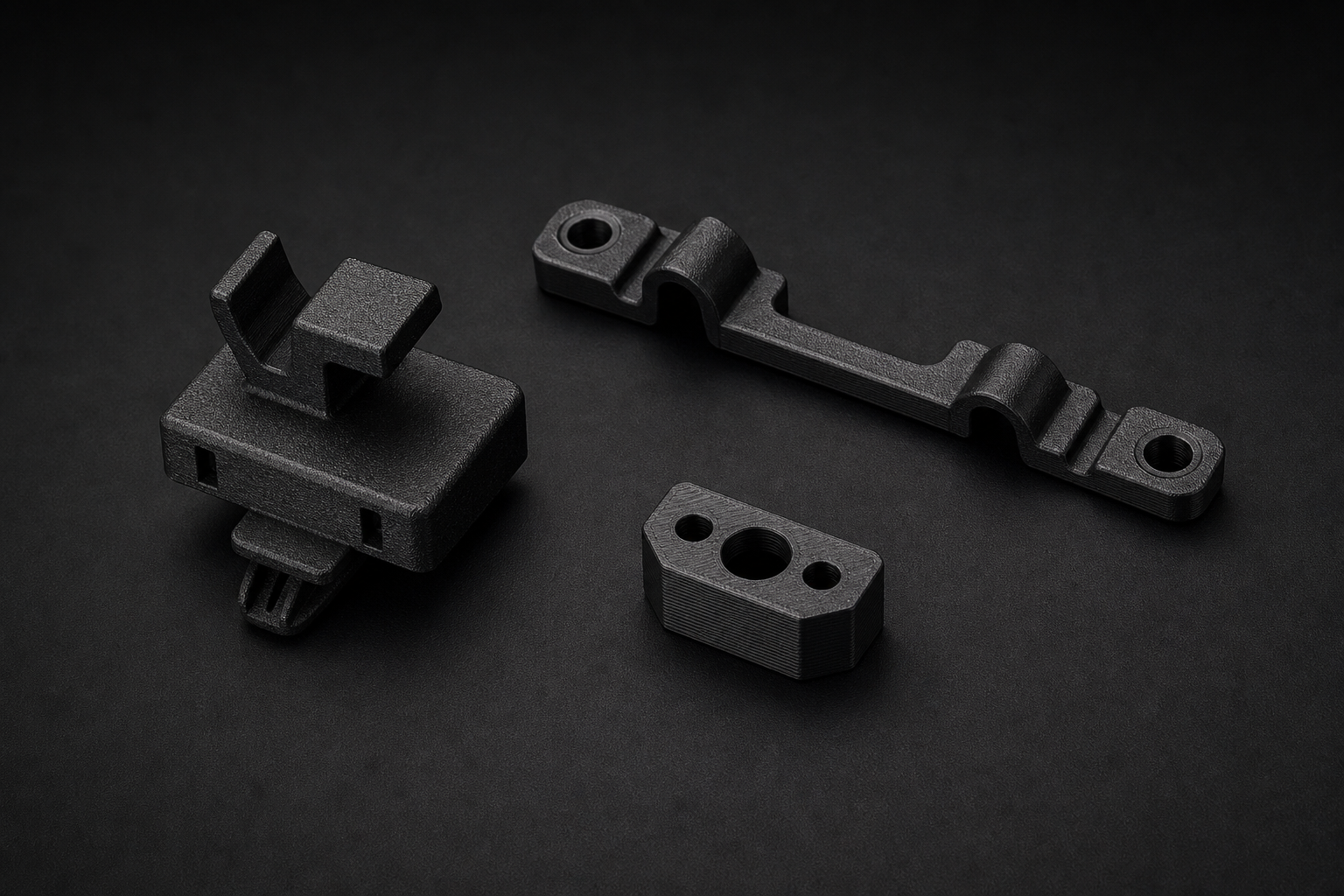 Cluster of clean 3D printed Honda interior and bay fitment parts arranged on a dark technical studio surface