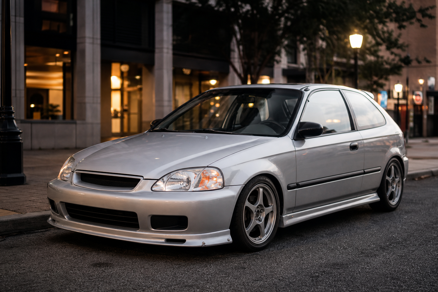 Silver Honda Civic EK parked at dusk, showcasing subtle exterior fitment pieces along the front bumper and side trim.