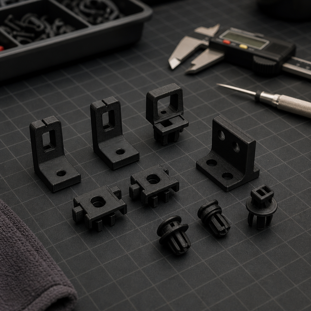 Close-up of neatly arranged black 3D printed Honda interior clips and brackets on a tidy workshop mat