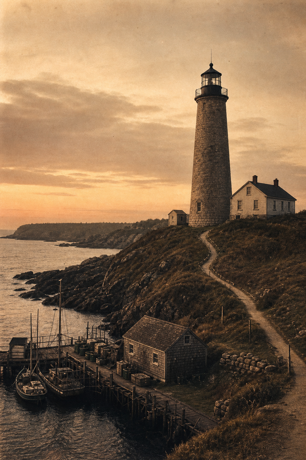 Warm archival photograph of a stone lighthouse above a working northern harbor at dusk