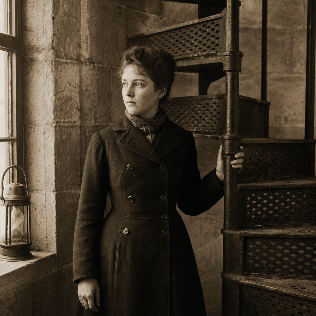 Sepia portrait of assistant keeper Elsie Morrow in a wool coat beside lighthouse stairs