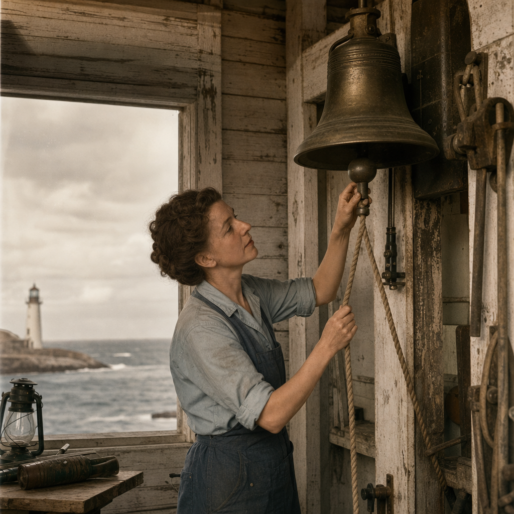 Historic station detail showing Mara Doyle at the fog bell mechanism with rope and brass fittings