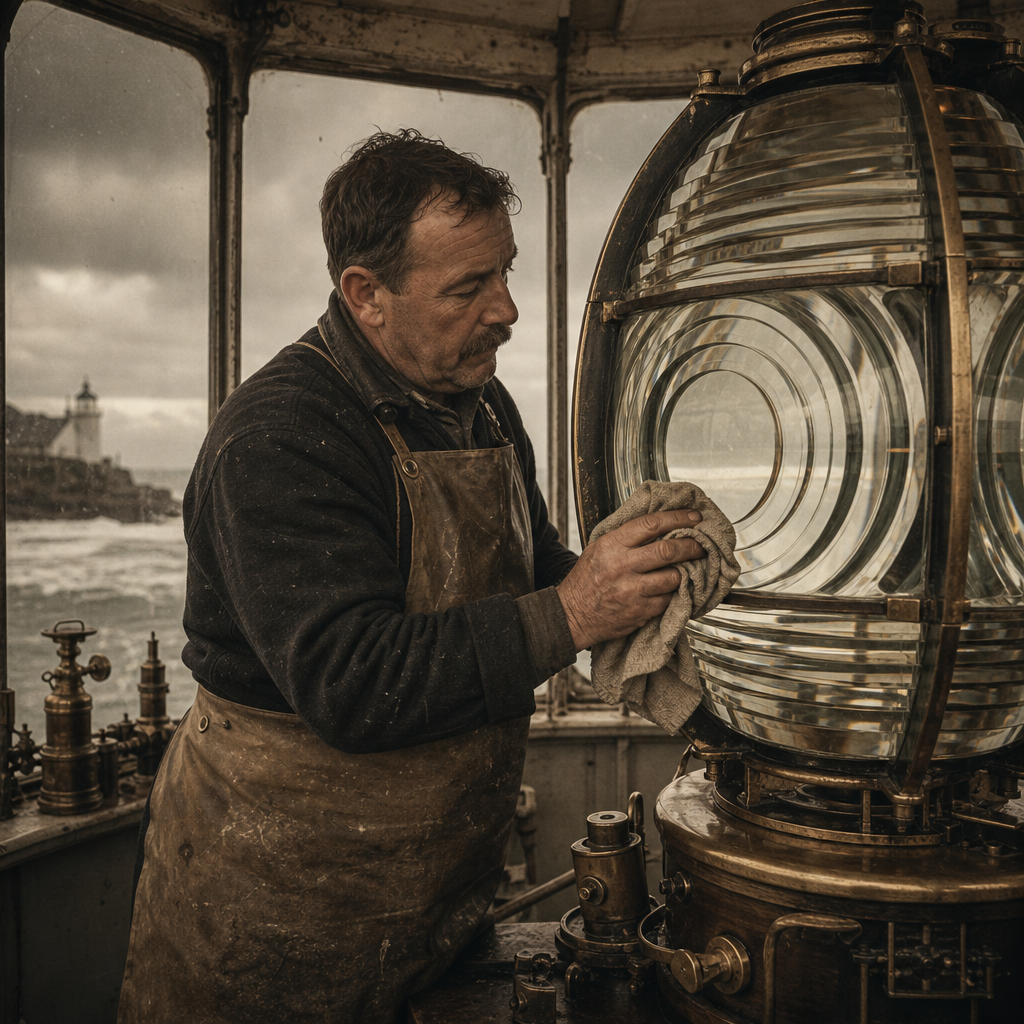 Archival image of keeper Thomas Reed cleaning a large Fresnel lens in the lantern room