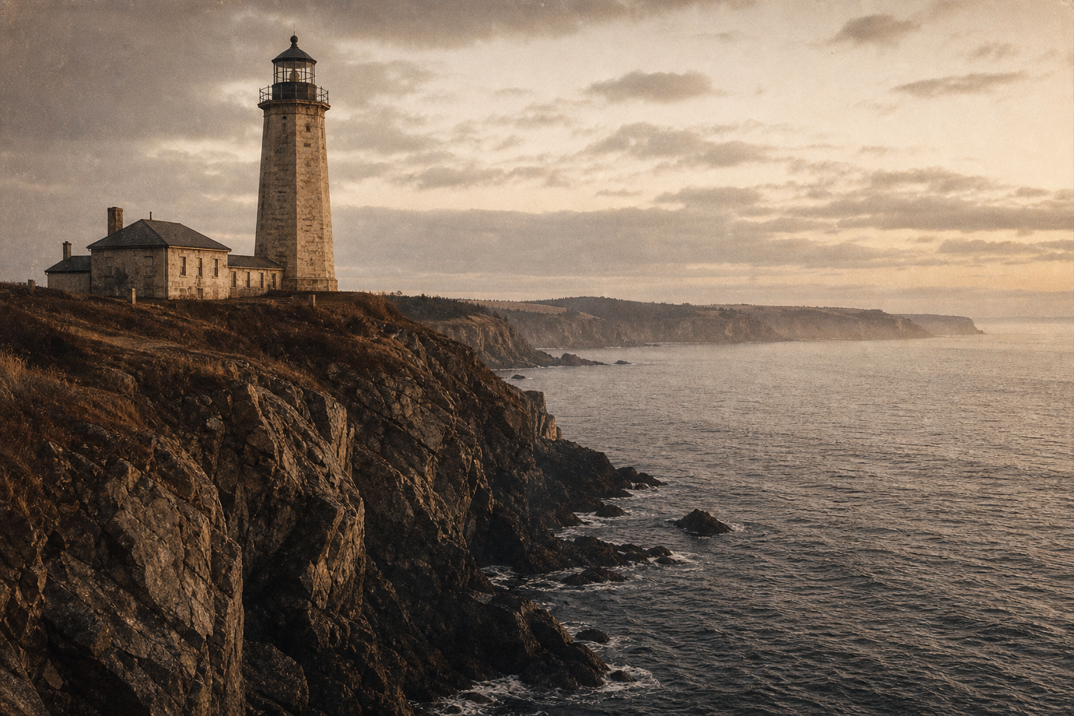 Warm-toned archival photograph of a northern coastal lighthouse on rugged cliffs at dusk with calm sea haze